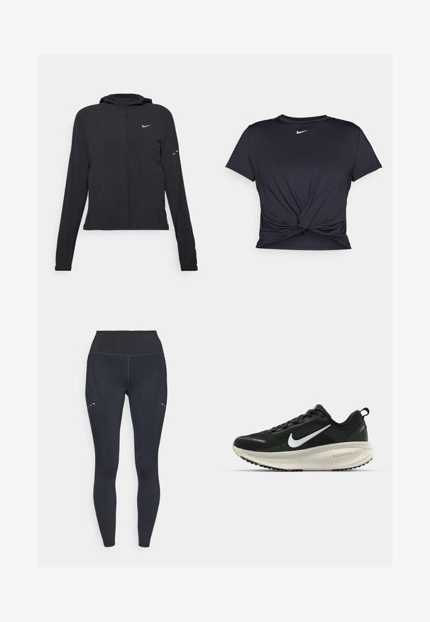 Svart huva jacka med långa ärmar, gjord av lätt material. Har en framdragare, en Nike-logotyp och subtila designelement.; Svart atletisk t-shirt i mjukt tyg, med en knuten framdesign och en liten vit Nike-logga på bröstet.; Svarta tights med hög midja, tillverkade av stretchigt material, med subtila sömnadsdetaljer och små uttag på övre låret.; Svart Nike löparsko med andningsbart mesh-ovandel, vit swoosh-logotyp, texturerad detaljering och en krämfärgad ZoomX-mellansula.