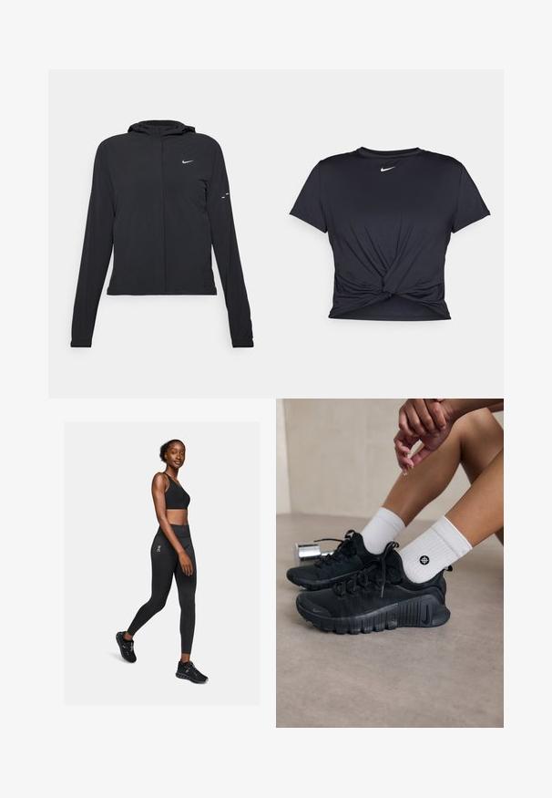 Schwarze Kapuzenjacke mit langen Ärmeln, aus leichtem Material gefertigt. Sie hat einen vorderen Reißverschluss, ein Nike-Logo und dezente Designelemente.; Schwarzes Sport-T-Shirt aus glattem Stoff, mit einem geknoteten Vorderdesign und einem kleinen weißen Nike-Logo auf der Brust.; Schwarzer Sport-BH und Leggings aus dehnbarem Material, mit einem hohen Bund und Logodetails, kombiniert mit schwarzen Sportschuhen.; Schwarze Sportschuhe aus strukturiertem Stoff, mit Schnürdesign und auffälliger Sohle, kombiniert mit weißen gerippten Socken, die ein kleines Logo tragen.