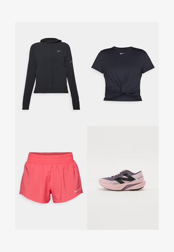 Melnā kapuci jaka ar garām piedurknēm, izgatavota no viegla materiāla. Tam ir priekšējais rāvējslēdzis, Nike logo un smalki dizaina akcenti.; Melna sporta t-kreklu ar gludu audumu, ar mezglošanas priekšpusi un mazu baltu Nike logotipu uz krūšu daļas.; Nike Performance ONE SHORT - Sporta šorti - aster pink/reflective silver; Viegls skriešanas apavs ar rozā un purpura krāsu gradients. Iekļauj elpojošu tīkla augšdaļu, melnus akcentus un mīkstinātu zoli.