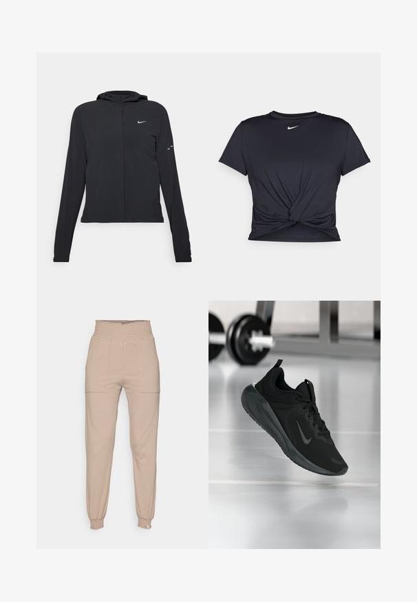 Zwarte kaptrui met lange mouwen, gemaakt van lichtgewicht materiaal. Voorzien van een ritssluiting aan de voorkant, een Nike-logo en subtiele ontwerpelementen.; Zwarte sportieve T-shirt van gladde stof, met een geknoopt ontwerp aan de voorkant en een klein wit Nike-logo op de borst.; Beige joggerbroeken met een smocking taille, twee zijzakken, taps toelopende benen en elastische cuffs. Gemaakt van zachte, lichtgewicht stof.; Zwarte sportsneaker met Nike-logo, weergegeven in de lucht boven de gymvloer, met een vervaagde halterrek op de achtergrond.
