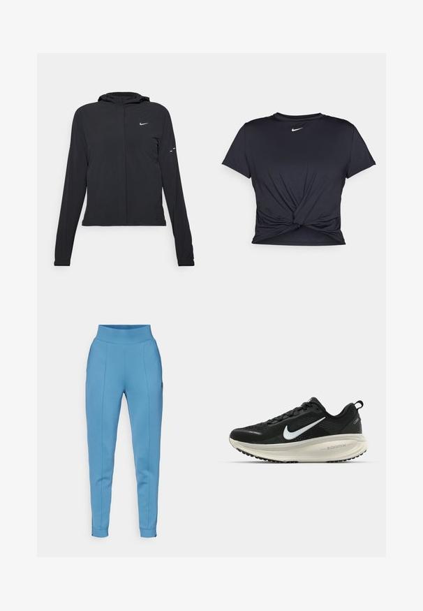 Zwarte kaptrui met lange mouwen, gemaakt van lichtgewicht materiaal. Voorzien van een ritssluiting aan de voorkant, een Nike-logo en subtiele ontwerpelementen.; Zwarte sportieve T-shirt van gladde stof, met een geknoopt ontwerp aan de voorkant en een klein wit Nike-logo op de borst.; Hemelsblauwe, strakke joggingsbroek met een hoge tailleband, platte voorknaad en ritsen bij de enkels voor een verstelbare pasvorm.; Zwarte Nike hardloopschoen met ademend mesh bovenwerk, witte swoosh-logo, gestructureerde details en een crèmekleurige ZoomX middenzool.