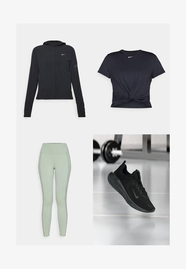 Jachetă neagră cu glugă, cu mâneci lungi, fabricată din material ușor. Dispune de un fermoar frontal, un logo Nike și accente de design subtile.; Tricou sport negru din material neted, cu un design frontal legat și un mic logo Nike alb pe piept.; Colanți verde mentă cu talie înaltă; prezintă cusături contrastante de-a lungul lateralelor; fabricați dintr-un material elastic și neted.; Tenisii sport negru cu logo-ul Nike, arătați în aer deasupra podelei de sală de sport, cu un suport pentru haltere neclar în fundal.