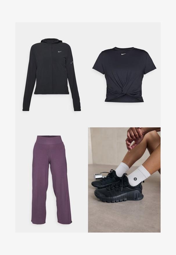 Črna kapuča s dolgimi rokavi, izdelana iz lahkega materiala. Ima sprednji zadrgo, logotip Nike in subtilne oblikovne detajle.; Črna atletska majica iz gladkega materiala, z vozlanim sprednjim delom in majhnim belim logotipom Nike na prsih.; Yogasearcher RAVANA FLOWY PANTS - Spodnji deli trenirk - topaze; Črne športne čevlje z teksturirano tkanino, vezanim dizajnom in izrazitim podplatom, v kombinaciji z belimi rebrastimi nogavicami z majhnim logotipom.