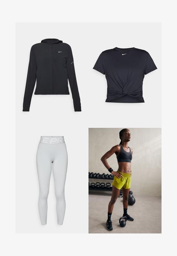 Casaco preto com capuz e mangas longas, feito de material leve. Apresenta um fecho dourado na frente, um logótipo da Nike e detalhes de design subtis.; T-shirt atlético preto feito de tecido liso, apresentando um design frontal com nó e um pequeno logótipo branco da Nike no peito.; Leggings de cintura alta de comprimento total Nike Pro, em cinza claro, com logótipo na cintura e um pequeno swoosh branco na coxa esquerda.; Sutiã desportivo preto, calções amarelos brilhantes com cintura elástica, sapatos de atletismo pretos e pulseiras, de pé ao lado de kettlebells.