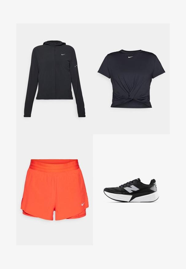 Fekete kapucnis dzseki hosszú ujjakkal, könnyű anyagból készült. Elülső cipzárral, Nike logóval és diszkrét dizájn elemekkel rendelkezik.; Fekete sportpóló sima anyagból, elöl megkötős dizájnnal, a mellkason egy kis fehér Nike logóval.; Élénk narancssárga sportnadrág széles, rugalmas derékpánttal, rövid belső béléssel és fehér pipa logóval a bal alsó oldalon.; Fekete-fehér New Balance futócipő vastag talppal, hálós felsőrésszel és "N" logóval az oldalon, külső nézetből.