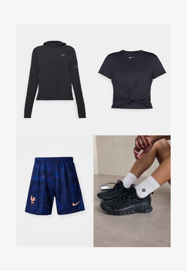 Juodas gobtuvas striukė su ilgomis rankovėmis, pagaminta iš lengvo audinio. Pasižymi priekiniais užtrauktukais, Nike logotipu ir subtiliais dizaino akcentais.; Juodas sportinis marškinėlis, pagamintas iš lygios medžiagos, su surišta priekiu ir mažu baltu Nike logotipu ant krūtinės.; Nike sportiniai šortai tamsiai mėlynos spalvos su raudonais ir mėlynais taškeliais, su rožinio spalvos gaidžio logotipu ir rožinės spalvos Nike swoosh logotipu šone.; Juodi sportiniai bateliai su tekstūruota medžiaga, raištelių dizainu ir ryškiu padu, derinami su baltais raukšlėtais kojiniais, turinčiais mažą logotipą.