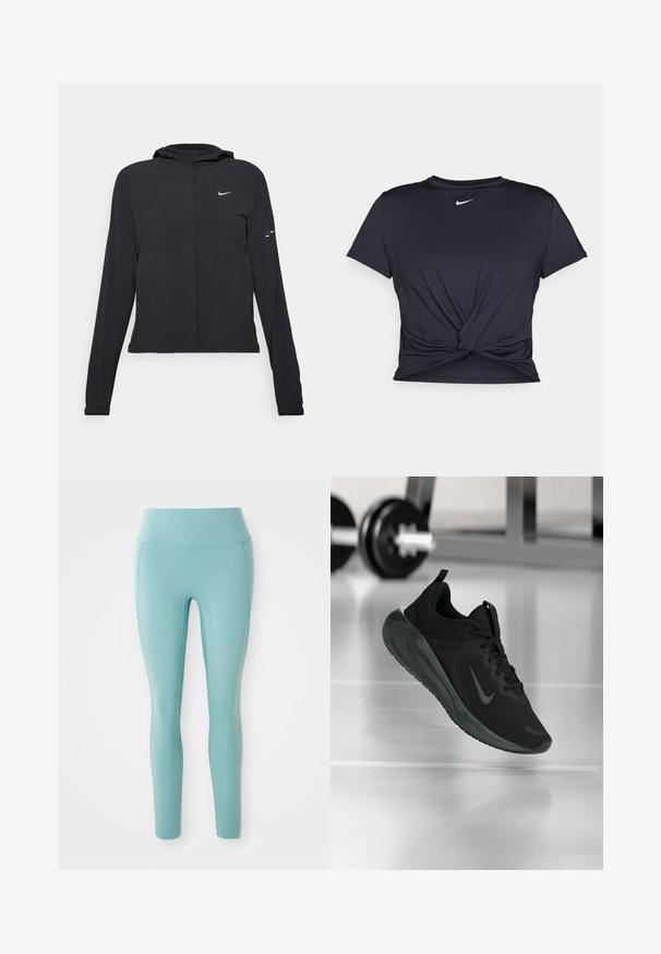 Černá kapucňová bunda s dlouhými rukávy, vyrobená z lehkého materiálu. Obsahuje přední zip, logo Nike a decentní designové akcenty.; Černé sportovní tričko vyrobené z hladkého materiálu, s uzlovým designem vpředu a malým bílým logem Nike na hrudi.; Světle modré legíny vyrobené z elastického materiálu, s vysokým pasem a hladkým, nenápadným designem bez ozdob.; Černé sportovní tenisky s logem Nike, zobrazené ve vzduchu na podlaze tělocvičny, s rozostřeným regálem s činkami na pozadí.
