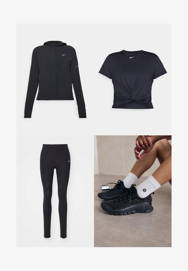 Fekete kapucnis dzseki hosszú ujjakkal, könnyű anyagból készült. Elülső cipzárral, Nike logóval és diszkrét dizájn elemekkel rendelkezik.; Fekete sportpóló sima anyagból, elöl megkötős dizájnnal, a mellkason egy kis fehér Nike logóval.; Fekete leggings rugalmas anyagból, magas derekú kivitelben, sima textúrával, varrási részletekkel és egy kis logóval.; Fekete sportcipők texturált anyagból, fűzős kialakítással és hangsúlyos talppal, fehér bordás zoknikkal párosítva, melyek kis logóval rendelkeznek.