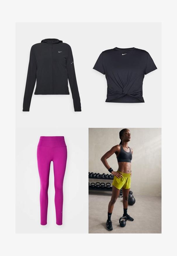 Zwarte kaptrui met lange mouwen, gemaakt van lichtgewicht materiaal. Voorzien van een ritssluiting aan de voorkant, een Nike-logo en subtiele ontwerpelementen.; Zwarte sportieve T-shirt van gladde stof, met een geknoopt ontwerp aan de voorkant en een klein wit Nike-logo op de borst.; Aansluitende sportlegging in felroze, gemaakt van gladde, rekbare stof met een hoge tailleband en subtiele branding op het onderbeen.; Zwarte sportbeha, felgele shorts met een elastische tailleband, zwarte sportschoenen en polsbanden, staande naast kettlebells.