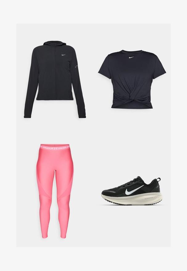 Fekete kapucnis dzseki hosszú ujjakkal, könnyű anyagból készült. Elülső cipzárral, Nike logóval és diszkrét dizájn elemekkel rendelkezik.; Fekete sportpóló sima anyagból, elöl megkötős dizájnnal, a mellkason egy kis fehér Nike logóval.; Rózsaszín sportleggings, sima felülettel, fehér elasztikus derékpánttal, amelyen az "Under Armour" logó és szögletes dizájn részletek találhatók.; Fekete Nike futócipő légáteresztő hálós felsőrésszel, fehér Swoosh logóval, textúrázott részletekkel és krém színű ZoomX középtalppal.