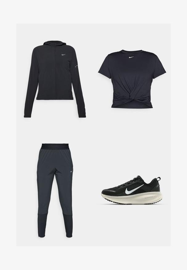 Black hooded jacket with long sleeves, made from lightweight material. Features a front zipper, a Nike logo, and subtle design accents.; Black athletic t-shirt made of smooth fabric, featuring a knotted front design and a small white Nike logo on the chest.; Nike athletic pants in dark gray, featuring a tapered leg design, elastic waistband, and accent details near the cuffs.; Black Nike running shoe with breathable mesh upper, white swoosh logo, textured detailing, and a cream-colored ZoomX midsole.