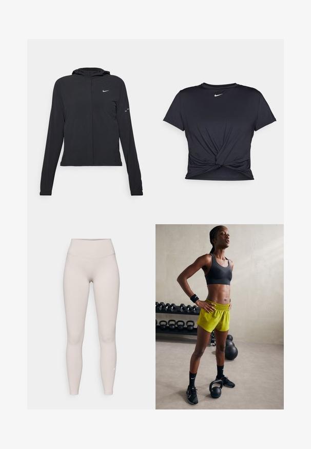 Fekete kapucnis dzseki hosszú ujjakkal, könnyű anyagból készült. Elülső cipzárral, Nike logóval és diszkrét dizájn elemekkel rendelkezik.; Fekete sportpóló sima anyagból, elöl megkötős dizájnnal, a mellkason egy kis fehér Nike logóval.; Bezs színű, magas derekú leggings, puha, rugalmas anyagból, sima textúrával és egy kis fehér logóval a boka közelében.; Fekete sportmelltartó, élénk sárga rövidnadrág, rugós derékkal, fekete sportcipő és csuklószalagok, kettlebell mellett állva.