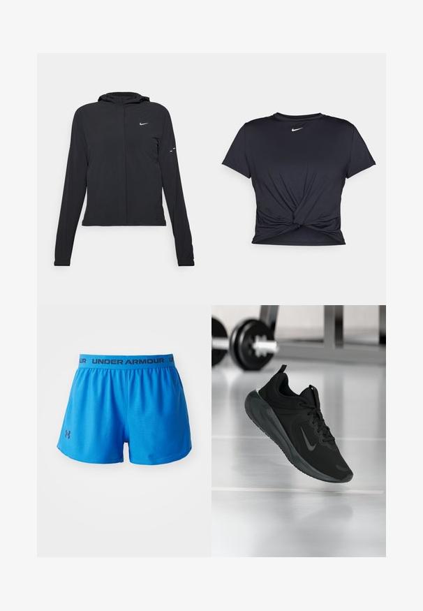 Casaco preto com capuz e mangas longas, feito de material leve. Apresenta um fecho dourado na frente, um logótipo da Nike e detalhes de design subtis.; T-shirt atlético preto feito de tecido liso, apresentando um design frontal com nó e um pequeno logótipo branco da Nike no peito.; Calções atléticos azuis, feitos de tecido leve. Apresenta uma cintura elástica com a marca "UNDER ARMOUR" e um pequeno logótipo na lateral.; Sapatilha desportiva preta com o logotipo da Nike, mostrada em pleno ar sobre o chão do ginásio, com um suporte de halteres desfocado ao fundo.