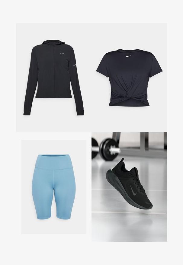 Must musta kapuutsiga jakk, millel on pikad varrukad ja mis on valmistatud kergetest materjalidest. Omab esitaskut, Nike logo ja kergelt silmatorkavaid disainiaktsente.; Mustmust musta sportlik T-särk, mis on valmistatud sujuvast kangast, millel on sõlmega esikülg ja väike valge Nike logo rinnal.; Heledad sinise värvi kõrge talje ja veniva kangaga jalgrattapüksid, millel on lamedad õmblused ja sile tekstuur, ideaalne aktiivseks riietuseks.; Mustad mustang spordijalatsid Nike logo'ga, õhus spordisaali põrandal, häguste hantlite riiulitega taustal.