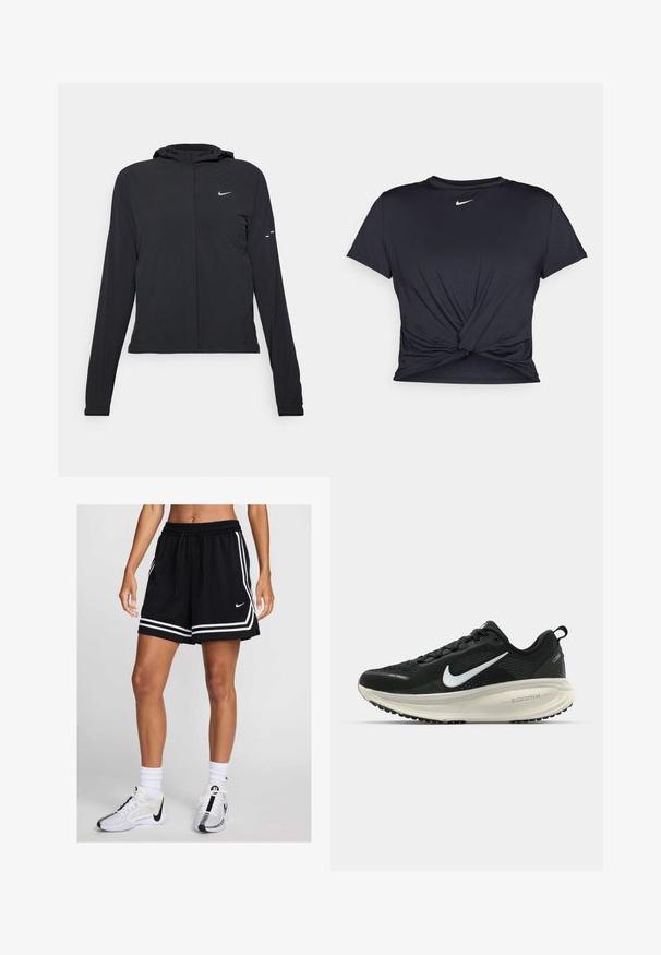 Svart huva jacka med långa ärmar, gjord av lätt material. Har en framdragare, en Nike-logotyp och subtila designelement.; Svart atletisk t-shirt i mjukt tyg, med en knuten framdesign och en liten vit Nike-logga på bröstet.; Svarta idrottsshorts med vita ränder, resårmidja och snörning. Matchas med vita och svarta sneakers och strumpor.; Svart Nike löparsko med andningsbart mesh-ovandel, vit swoosh-logotyp, texturerad detaljering och en krämfärgad ZoomX-mellansula.