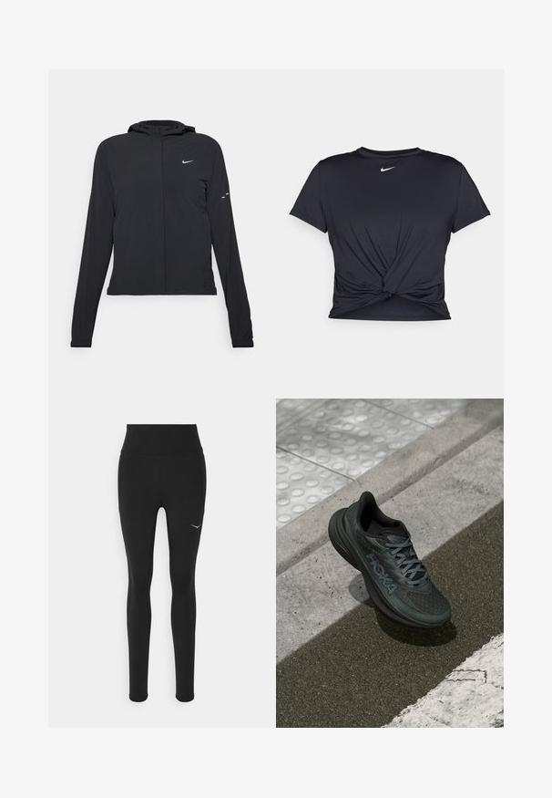 Svart huva jacka med långa ärmar, gjord av lätt material. Har en framdragare, en Nike-logotyp och subtila designelement.; Svart atletisk t-shirt i mjukt tyg, med en knuten framdesign och en liten vit Nike-logga på bröstet.; Svarta leggings med hög midja, tillverkade av stretchigt material. Utrustad med en liten vit logotyp på vänster sida och detaljer vid sid sömmen.; Svart löparskor med mesh-overtäckning, strukturerade detaljer och logotyp, med en dämpad sula och grå snören, placerade på asfalt.