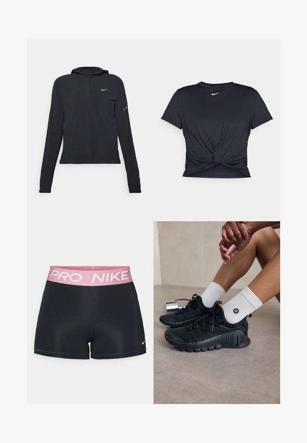 Giacca nera con cappuccio e maniche lunghe, realizzata in materiale leggero. Presenta una zip frontale, il logo Nike e accenti di design sottili.; Maglietta atletica nera realizzata in tessuto liscio, con un design anteriore annodato e un piccolo logo Nike bianco sul petto.; Shorts sportivi neri con un elastico rosa in vita che presenta il testo "NIKE PRO". Realizzati in tessuto liscio e elastico con una vestibilità aderente.; Scarpe da ginnastica nere con tessuto texturizzato, design con lacci e suola prominente, abbinate a calze bianche a coste con un piccolo logo.