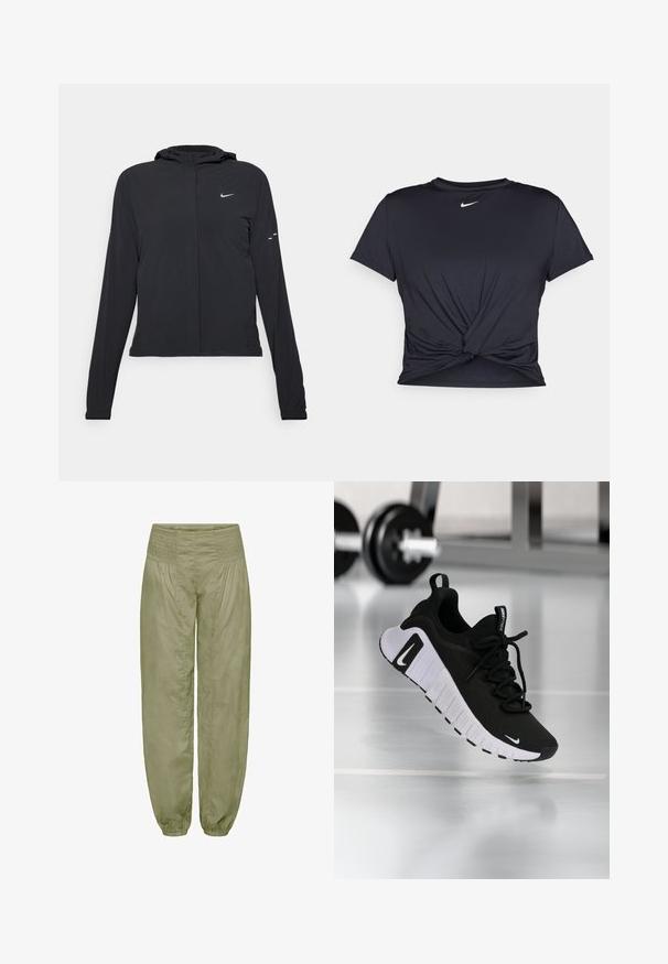 Zwarte kaptrui met lange mouwen, gemaakt van lichtgewicht materiaal. Voorzien van een ritssluiting aan de voorkant, een Nike-logo en subtiele ontwerpelementen.; Zwarte sportieve T-shirt van gladde stof, met een geknoopt ontwerp aan de voorkant en een klein wit Nike-logo op de borst.; Licht olijfgroene, loszittende broek met een smocktailleband en elastische boorden; gemaakt van zachte, gestructureerde stof.; Zwarte sportschoen met een textuurstof bovenwerk, witte zool en een opvallend vetersysteem. Voorzien van een Nike-logo en een zacht, gedempt ontwerp.