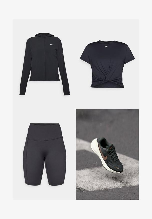 Melnā kapuci jaka ar garām piedurknēm, izgatavota no viegla materiāla. Tam ir priekšējais rāvējslēdzis, Nike logo un smalki dizaina akcenti.; Melna sporta t-kreklu ar gludu audumu, ar mezglošanas priekšpusi un mazu baltu Nike logotipu uz krūšu daļas.; Melnas augstās velosipēda bikses, kas izgatavotas no elastīga materiāla, ar vienu sānu kabatu, gludu tekstūru un plakaniem šuvēm komfortam.; Melna sieta skrējiena apava ar faktūrētu augšu, brūnu Nike zīmi un baltu amortizējošu zoli, kas karājas virs pelēkas virsmas.
