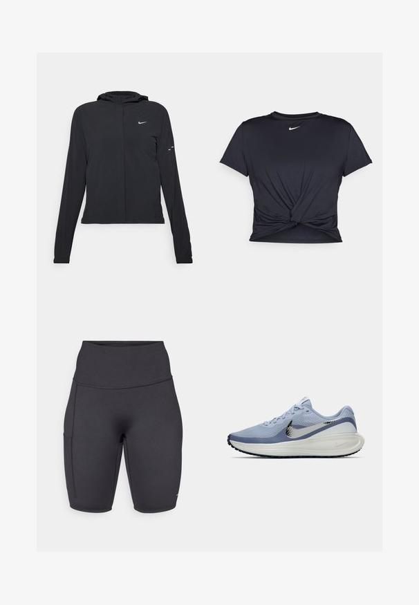 Black hooded jacket with long sleeves, made from lightweight material. Features a front zipper, a Nike logo, and subtle design accents.; Black athletic t-shirt made of smooth fabric, featuring a knotted front design and a small white Nike logo on the chest.; Black high-waisted bike shorts made from a stretchy material, featuring one side pocket, smooth texture, and flat seams for comfort.; Light blue and white Nike running shoe with silver swoosh, breathable mesh upper, cushioned sole, and black outsole tread.