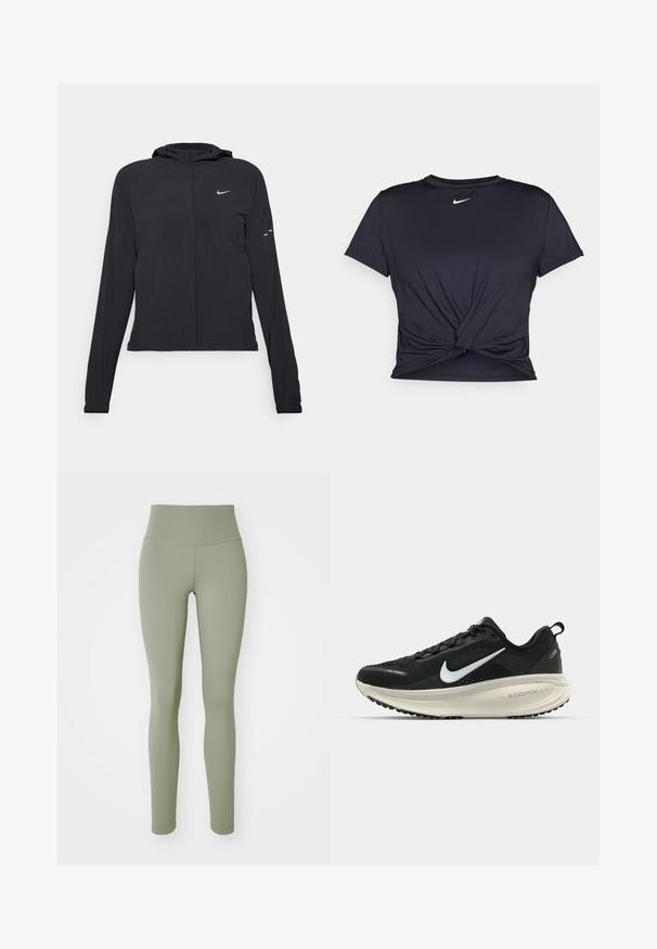 Black hooded jacket with long sleeves, made from lightweight material. Features a front zipper, a Nike logo, and subtle design accents.; Black athletic t-shirt made of smooth fabric, featuring a knotted front design and a small white Nike logo on the chest.; Olive green leggings with a high waistband, smooth texture, and fitted design. Features seamless stitching and no visible hardware.; Black Nike running shoe with breathable mesh upper, white swoosh logo, textured detailing, and a cream-colored ZoomX midsole.