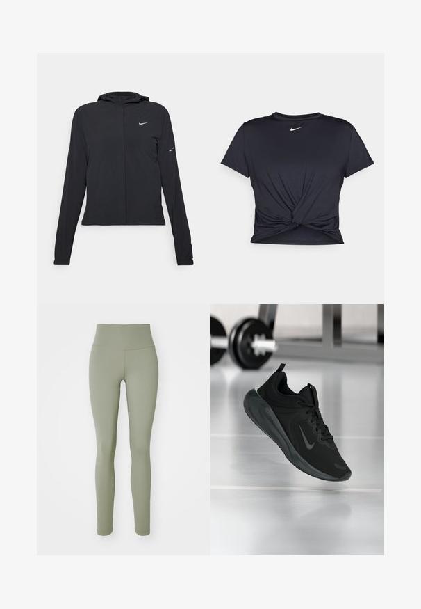 Giacca nera con cappuccio e maniche lunghe, realizzata in materiale leggero. Presenta una zip frontale, il logo Nike e accenti di design sottili.; Maglietta atletica nera realizzata in tessuto liscio, con un design anteriore annodato e un piccolo logo Nike bianco sul petto.; Leggings verde oliva con una vita alta, texture liscia e design aderente. Presentano cuciture senza soluzione di continuità e nessuna ferramenta visibile.; Sneaker sportivo nero con logo Nike, mostrato in volo su un pavimento da palestra, con un supporto per pesi sfocato sullo sfondo.