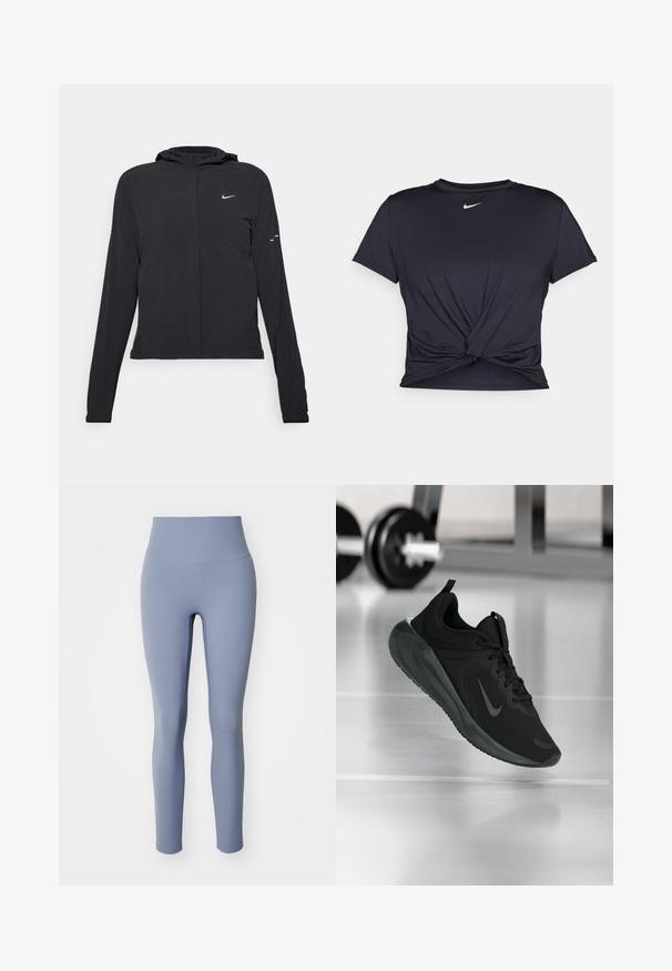 Casaco preto com capuz e mangas longas, feito de material leve. Apresenta um fecho dourado na frente, um logótipo da Nike e detalhes de design subtis.; T-shirt atlético preto feito de tecido liso, apresentando um design frontal com nó e um pequeno logótipo branco da Nike no peito.; Leggings de cintura alta em tecido suave e elástico. Cor azul clara sólida, com uma textura lisa e design ajustado. Sem costuras ou padrões visíveis.; Sapatilha desportiva preta com o logotipo da Nike, mostrada em pleno ar sobre o chão do ginásio, com um suporte de halteres desfocado ao fundo.