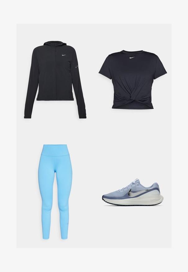 Crna jakna s kapuljačom i dugim rukavima, izrađena od laganog materijala. Ima prednji patentni zatvarač, Nike logo i suptilne dizajnerske detalje.; Crni trenirac s kratkim rukavima izrađen od glatkog materijala, s čvorastim dizajnom sprijeda i malim bijelim Nike logotipom na prsima.; Plave tajice visokog struka od rastezljivog materijala, s glatkom teksturom i prilagođenim dizajnom. Suptilan Nike logotip blizu gležnja.; Svijetloplave i bijele Nike tenisice za trčanje sa srebrnim swoosh logotipom, prozračnim mrežastim gornjištem, udobnim potplatom i crnim uzorkom na potplatu.