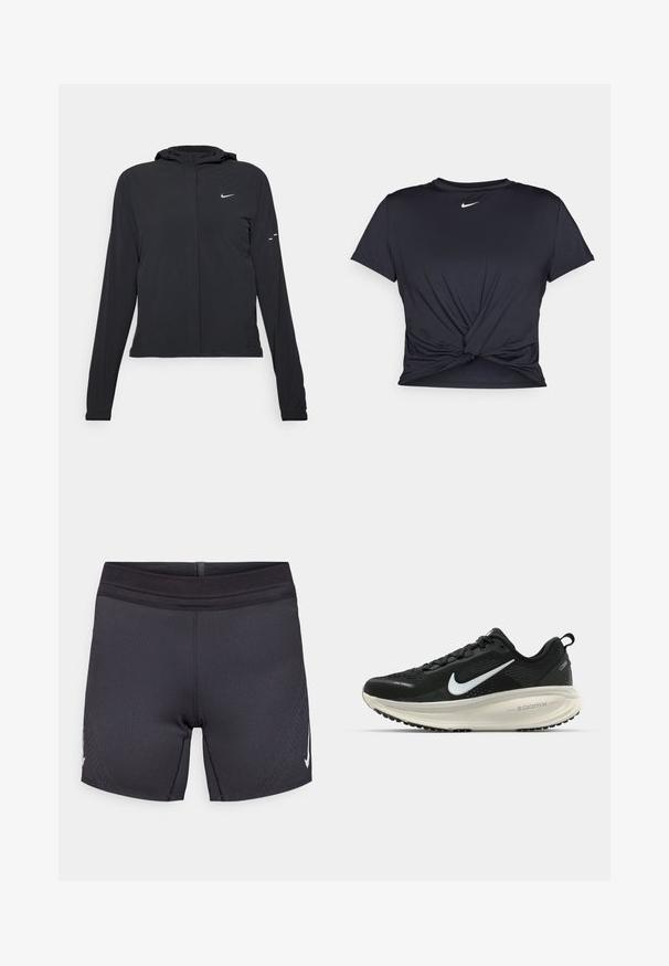 Černá kapucňová bunda s dlouhými rukávy, vyrobená z lehkého materiálu. Obsahuje přední zip, logo Nike a decentní designové akcenty.; Černé sportovní tričko vyrobené z hladkého materiálu, s uzlovým designem vpředu a malým bílým logem Nike na hrudi.; Černé sportovní šortky vyrobené z elastického materiálu s hladkým povrchem, vybavené zesíleným pasem a bílým logem po straně.; Černá běžecká obuv Nike s prodyšným síťovaným svrškem, bílým logem swoosh, texturovanými detaily a krémovou mezipodešví ZoomX.