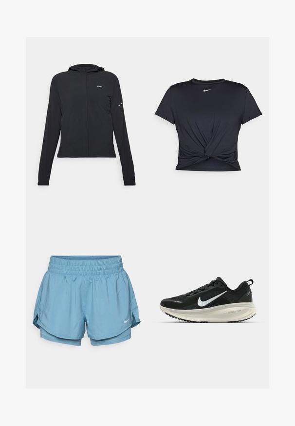 Juodas gobtuvas striukė su ilgomis rankovėmis, pagaminta iš lengvo audinio. Pasižymi priekiniais užtrauktukais, Nike logotipu ir subtiliais dizaino akcentais.; Juodas sportinis marškinėlis, pagamintas iš lygios medžiagos, su surišta priekiu ir mažu baltu Nike logotipu ant krūtinės.; Šviesiai mėlynos sportinės šortai su plačiu elastingu juosmeniu, vidine pamušalu ir šoninėmis skeltuvais, kad būtų lengviau judėti. Savybė - mažas baltas logotipas.; Juodas Nike sportinis batelis su kvėpuojančiu tinklu, baltu swoosh logotipu, tekstūruoto dizaino detalėmis ir grietinėlės spalvos ZoomX viduriu.