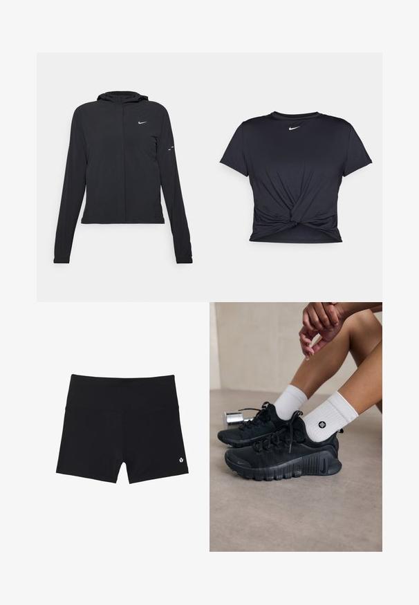 Casaco preto com capuz e mangas longas, feito de material leve. Apresenta um fecho dourado na frente, um logótipo da Nike e detalhes de design subtis.; T-shirt atlético preto feito de tecido liso, apresentando um design frontal com nó e um pequeno logótipo branco da Nike no peito.; Calções atléticos pretos feitos de um tecido elástico, apresentando uma cintura alta e um pequeno logótipo branco no canto inferior direito.; Sapatilhas atléticas pretas com tecido texturizado, design com atacadores e uma sola proeminente, emparelhadas com meias brancas com nervuras e um pequeno logótipo.
