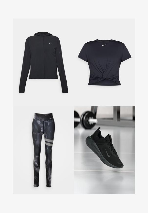 Črna kapuča s dolgimi rokavi, izdelana iz lahkega materiala. Ima sprednji zadrgo, logotip Nike in subtilne oblikovne detajle.; Črna atletska majica iz gladkega materiala, z vozlanim sprednjim delom in majhnim belim logotipom Nike na prsih.; Črne legice s tie-dye vzorcem in visokim pasom, z mrežastimi detajli in dvema vodoravnima črtama na zunanji strani stegna. Gladek, raztegljiv material.; Črne športne teniske z logotipom Nike, prikazane v zraku na telovadni talni površini, v ozadju pa zamegljena vrsta uteži.