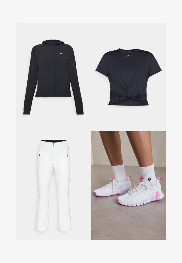 Crna jakna s kapuljačom i dugim rukavima, izrađena od laganog materijala. Ima prednji patentni zatvarač, Nike logo i suptilne dizajnerske detalje.; Crni trenirac s kratkim rukavima izrađen od glatkog materijala, s čvorastim dizajnom sprijeda i malim bijelim Nike logotipom na prsima.; Bijele skijaške hlače uskog kroja, s patentnim zatvaračem sprijeda, dvostrukim gumbom, bočnim džepovima i elastičnim pojasom s Velcro detaljima. Glatka tekstura.; Bijele atletske cipele s ružičastim detaljima, aerodinamičan dizajn, teksturirani mrežasti gornji dio i fleksibilna gumena potplata. Uključuju logo i trakicu za povlačenje.