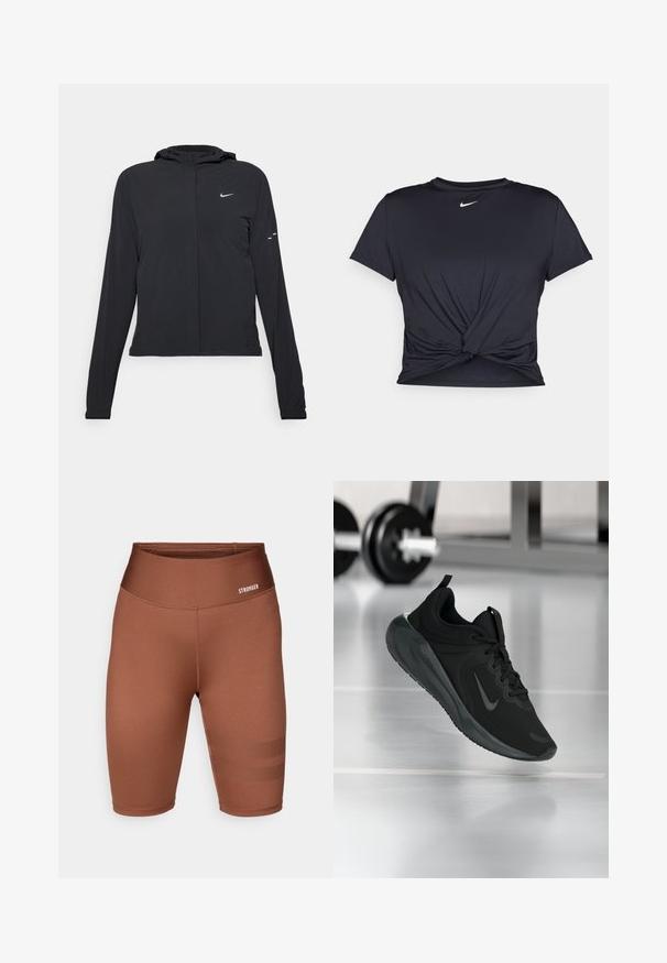 Črna kapuča s dolgimi rokavi, izdelana iz lahkega materiala. Ima sprednji zadrgo, logotip Nike in subtilne oblikovne detajle.; Črna atletska majica iz gladkega materiala, z vozlanim sprednjim delom in majhnim belim logotipom Nike na prsih.; Rjavi športni šortki iz gladkega, elastičnega blaga, z visokim pasom in teksturiranimi črtami ob straneh. Vidna je blagovna znamka "STRONGER".; Črne športne teniske z logotipom Nike, prikazane v zraku na telovadni talni površini, v ozadju pa zamegljena vrsta uteži.