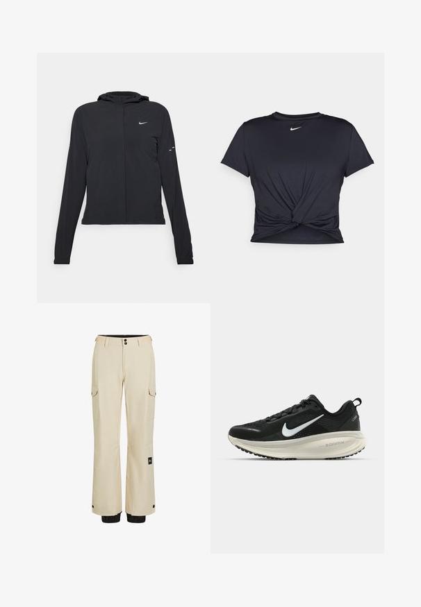 Veste à capuche noire avec des manches longues, fabriquée en matériau léger. Elle comporte une fermeture éclair à l'avant, un logo Nike et des accents de design subtils.; T-shirt de sport noir en tissu lisse, avec un design avant noué et un petit logo Nike blanc sur la poitrine.; Pantalon cargo beige avec une coupe droite, deux poches latérales et un accent noir à l'ourlet. Fabriqué en tissu léger avec une texture lisse.; Baskets de course noir Nike avec tige respirante en mesh, logo swoosh blanc, détails texturés et semelle intermédiaire ZoomX de couleur crème.