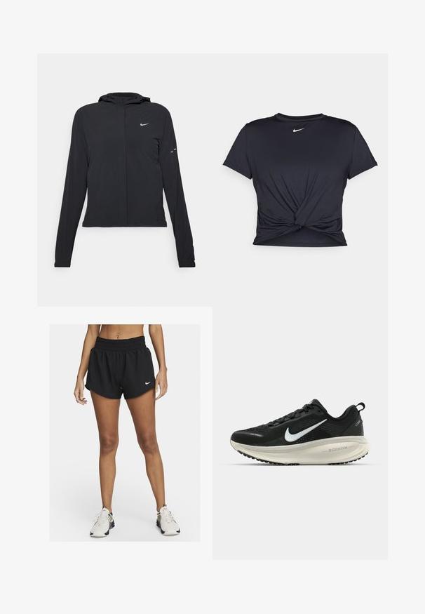Black hooded jacket with long sleeves, made from lightweight material. Features a front zipper, a Nike logo, and subtle design accents.; Black athletic t-shirt made of smooth fabric, featuring a knotted front design and a small white Nike logo on the chest.; Black athletic shorts with a loose fit, elastic waistband, and curved hemline. Features a small white Nike logo on the lower left side.; Black Nike running shoe with breathable mesh upper, white swoosh logo, textured detailing, and a cream-colored ZoomX midsole.