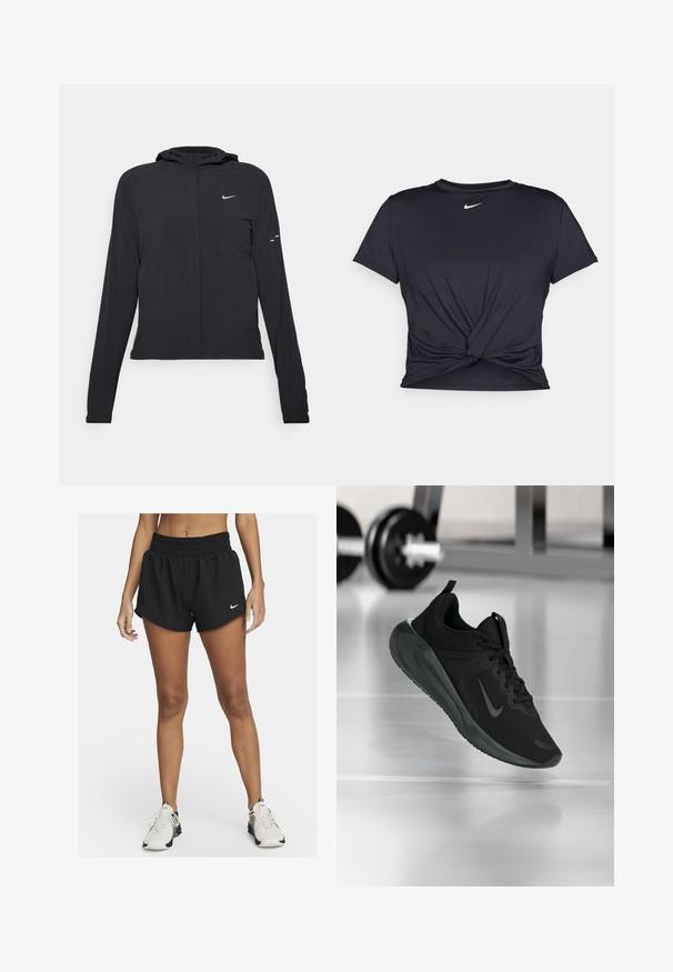 Crna jakna s kapuljačom i dugim rukavima, izrađena od laganog materijala. Ima prednji patentni zatvarač, Nike logo i suptilne dizajnerske detalje.; Crni trenirac s kratkim rukavima izrađen od glatkog materijala, s čvorastim dizajnom sprijeda i malim bijelim Nike logotipom na prsima.; Crne sportske šortse s udobnim krojem, elastičnim pojasom i zaobljenim rubom. Na donjoj lijevoj strani nalazi se mali bijeli Nike logo.; Crna sportska tenisica s Nike logotipom, prikazana u zraku na podu teretane, s mutnom stalcem za bučice u pozadini.