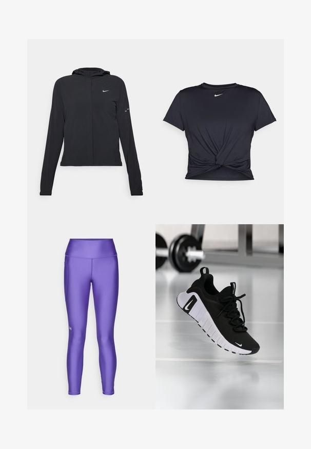 Chaqueta negra con capucha y mangas largas, hecha de un material ligero. Presenta un cierre frontal, un logo de Nike y acentos de diseño sutiles.; Camiseta atlética negra hecha de tela suave, con un diseño de nudo en la parte delantera y un pequeño logo blanco de Nike en el pecho.; Leggings atléticos morados hechos de un material suave y elástico. Cuenta con una cinturilla alta y un pequeño logo en la parte inferior de la pierna derecha.; Zapatilla deportiva negra con parte superior de tela texturizada, suela blanca y sistema de cordones prominente. Presenta un logo de Nike y un diseño suave y acolchado.