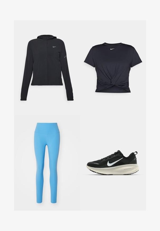 Črna kapuča s dolgimi rokavi, izdelana iz lahkega materiala. Ima sprednji zadrgo, logotip Nike in subtilne oblikovne detajle.; Črna atletska majica iz gladkega materiala, z vozlanim sprednjim delom in majhnim belim logotipom Nike na prsih.; Nike Performance ZENVY HR 7/8 - Pajkice - university blue; Črne Nike tekaške čevlje z zračno mrežno zgornjim delom, belim logotipom Swoosh, teksturiranimi detajli in smetanasto barvnim srednjim delom ZoomX.