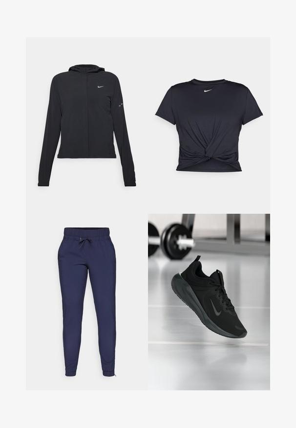 Crna jakna s kapuljačom i dugim rukavima, izrađena od laganog materijala. Ima prednji patentni zatvarač, Nike logo i suptilne dizajnerske detalje.; Crni trenirac s kratkim rukavima izrađen od glatkog materijala, s čvorastim dizajnom sprijeda i malim bijelim Nike logotipom na prsima.; Tamno plave hlače za trčanje s elastičnim pojasom i podesivom vezicom, koje imaju sužene nogavice i rebraste manžete na gležnjevima. Glatka tekstura tkanine.; Crna sportska tenisica s Nike logotipom, prikazana u zraku na podu teretane, s mutnom stalcem za bučice u pozadini.