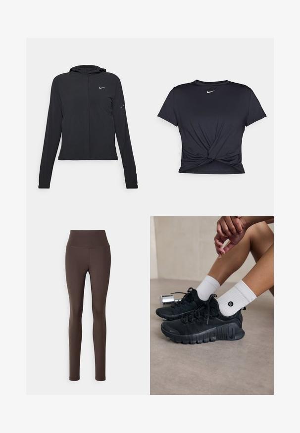 Jachetă neagră cu glugă, cu mâneci lungi, fabricată din material ușor. Dispune de un fermoar frontal, un logo Nike și accente de design subtile.; Tricou sport negru din material neted, cu un design frontal legat și un mic logo Nike alb pe piept.; Leggings maro, cu talie înaltă, realizate dintr-un material elastic, având o textură netedă și o siluetă ajustată, fără modele sau piese metalice vizibile.; Pantofi sport negri din material texturat, cu un design cu sireturi și o talpă proeminentă, asortați cu șosete albe cu model cu nervuri, având un mic logo.