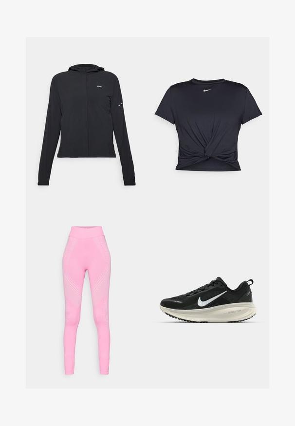 Zwarte kaptrui met lange mouwen, gemaakt van lichtgewicht materiaal. Voorzien van een ritssluiting aan de voorkant, een Nike-logo en subtiele ontwerpelementen.; Zwarte sportieve T-shirt van gladde stof, met een geknoopt ontwerp aan de voorkant en een klein wit Nike-logo op de borst.; Roze sportlegging met een hoge tailleband, voorzien van subtiele golvenpatronen en stipaccenten langs de zijkanten. Zacht, rekbaar materiaal.; Zwarte Nike hardloopschoen met ademend mesh bovenwerk, witte swoosh-logo, gestructureerde details en een crèmekleurige ZoomX middenzool.