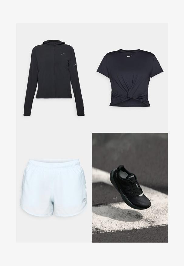 Svart hettegenser med lange ermer, laget av lett materiale. Har glidelås foran, Nike-logo og subtile design detaljer.; Svart trenings T-skjorte laget av glatt stoff, med en knyttet frontdesign og en liten hvit Nike-logo på brystet.; Lyseblå treningsshorts med elastisk midje, buet kant, sølvlogo detalj nederst til høyre, laget av lett materiale.; Svart løpesko med teksturert overdel, slank design og reflekterende detaljer. Har en myk, polstret såle for komfort.
