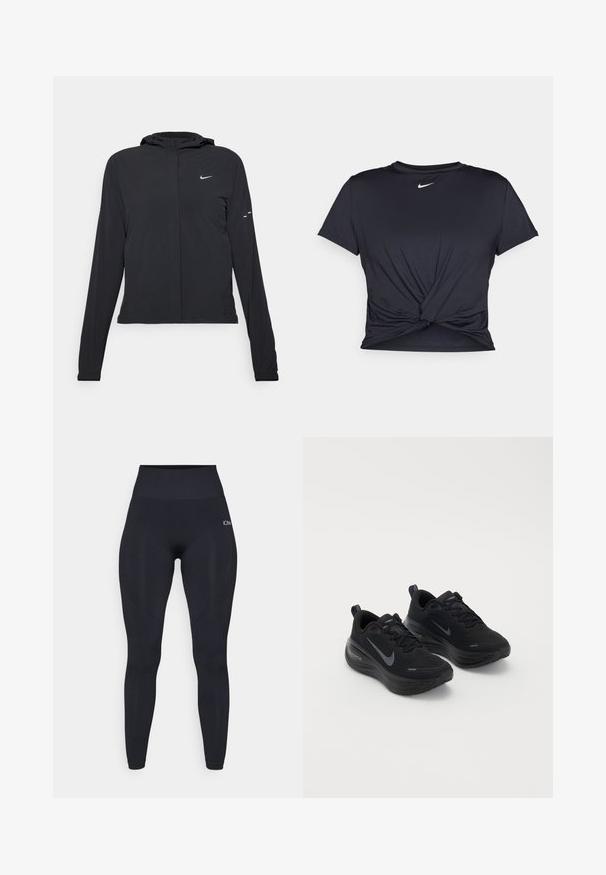 Giacca nera con cappuccio e maniche lunghe, realizzata in materiale leggero. Presenta una zip frontale, il logo Nike e accenti di design sottili.; Maglietta atletica nera realizzata in tessuto liscio, con un design anteriore annodato e un piccolo logo Nike bianco sul petto.; Leggings neri a vita alta realizzati in un tessuto morbido e elastico. Presentano un logo sulla coscia superiore e dettagli testurizzati sui lati.; Scarpe sportive nere con una parte superiore testurizzata, design con lacci e suola spessa e ammortizzata. Presenta il logo Nike grigio su ciascun lato.