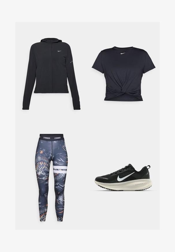 Veste à capuche noire avec des manches longues, fabriquée en matériau léger. Elle comporte une fermeture éclair à l'avant, un logo Nike et des accents de design subtils.; T-shirt de sport noir en tissu lisse, avec un design avant noué et un petit logo Nike blanc sur la poitrine.; Leggings taille haute en tissu extensible, avec un motif abstrait sombre agrémenté d'accents colorés et de rayures horizontales blanches.; Baskets de course noir Nike avec tige respirante en mesh, logo swoosh blanc, détails texturés et semelle intermédiaire ZoomX de couleur crème.
