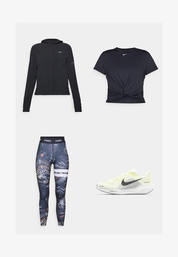 Mustassa hupparissa on pitkät hihat, ja se on valmistettu kevyestä materiaalista. Siinä on edessä vetoketju, Nike-logo ja hillityt muotoiluyksityiskohdat.; Musta urheilu T-paita, joka on valmistettu sileästä kankaasta, jossa on solmittu etuosa ja pieni valkoinen Nike-logo rinnassa.; Korkeavyötaiset legginsit, jotka on valmistettu joustavasta kankaasta. Ne esittelevät tumman abstraktin kuvion, värikkäitä yksityiskohtia ja valkoisia vaakasuoria raitoja.; Nike juoksukengät, joissa on vaaleankeltainen ja valkoinen verkko-osa, harmaita yksityiskohtia ja joustava kumipohja. Varusteet nauhakiinnityksellä.