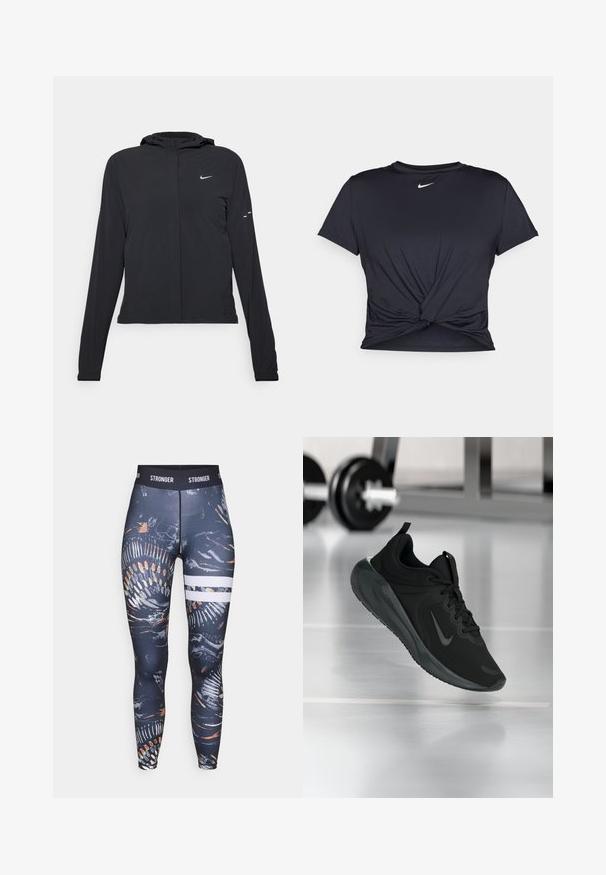 Crna jakna s kapuljačom i dugim rukavima, izrađena od laganog materijala. Ima prednji patentni zatvarač, Nike logo i suptilne dizajnerske detalje.; Crni trenirac s kratkim rukavima izrađen od glatkog materijala, s čvorastim dizajnom sprijeda i malim bijelim Nike logotipom na prsima.; Leggings s visokim strukom izrađene od rastezljivog materijala, s tamnim apstraktnim uzorkom i šarenim akcentima te bijelim horizontalnim prugama.; Crna sportska tenisica s Nike logotipom, prikazana u zraku na podu teretane, s mutnom stalcem za bučice u pozadini.