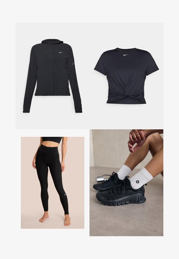 Zwarte kaptrui met lange mouwen, gemaakt van lichtgewicht materiaal. Voorzien van een ritssluiting aan de voorkant, een Nike-logo en subtiele ontwerpelementen.; Zwarte sportieve T-shirt van gladde stof, met een geknoopt ontwerp aan de voorkant en een klein wit Nike-logo op de borst.; Zwarte high-waisted legging gemaakt van rekbare stof, met een naadloos ontwerp en een klein logo op het onderste deel van het linkerpoot.; Zwarte sport schoenen van een gestructureerde stof, met vetersluiting en een opvallende zool, gecombineerd met witte geribbelde sokken met een klein logo.