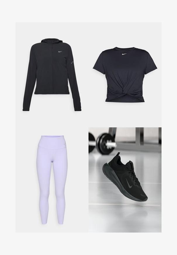 Casaco preto com capuz e mangas longas, feito de material leve. Apresenta um fecho dourado na frente, um logótipo da Nike e detalhes de design subtis.; T-shirt atlético preto feito de tecido liso, apresentando um design frontal com nó e um pequeno logótipo branco da Nike no peito.; Leggings lilás de cintura alta com uma textura lisa e elástica e um logótipo da Nike na cintura, desenhadas para conforto e movimento.; Sapatilha desportiva preta com o logotipo da Nike, mostrada em pleno ar sobre o chão do ginásio, com um suporte de halteres desfocado ao fundo.
