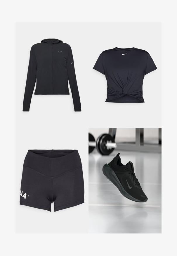 Fekete kapucnis dzseki hosszú ujjakkal, könnyű anyagból készült. Elülső cipzárral, Nike logóval és diszkrét dizájn elemekkel rendelkezik.; Fekete sportpóló sima anyagból, elöl megkötős dizájnnal, a mellkason egy kis fehér Nike logóval.; Fekete sportnadrág rugalmas anyagból, magas derékkal és bal oldalon logóval. Sima textúrájú és testhezálló kialakítású.; Fekete sportcipő Nike logóval, amely a levegőben látható az edzőterem padlóján, a háttérben elmosódott kézi súlyzó állvánnyal.